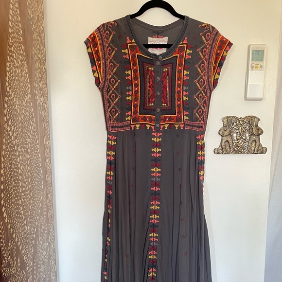 Johnny Was Dresses & Skirts - Johnny Was Biya Long Maxi Dress Grey Red Multicolor Embroidered Small Button up